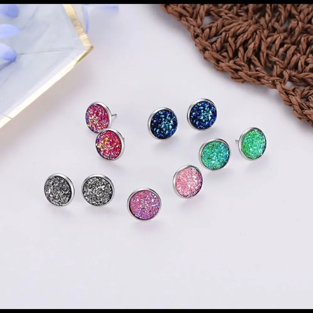 Simple Round Sparkly Dark Pink Earrings